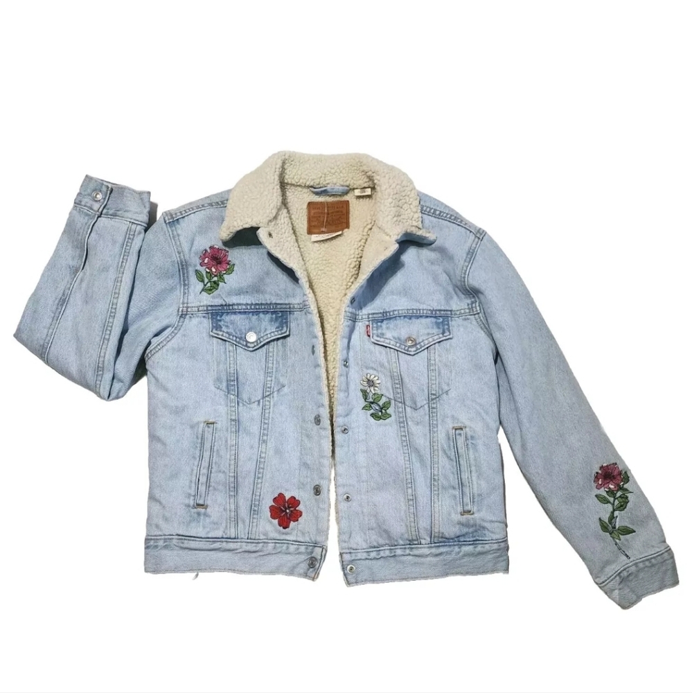 Levi's Levi Denim Jean Jacket Coat Sherpa Lined Women's M Floral Design
